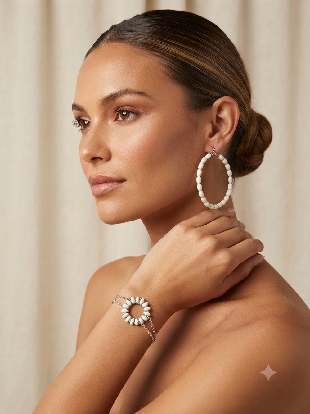 White Beaded Hoop Earrings and bracelet set - Women Jewelry